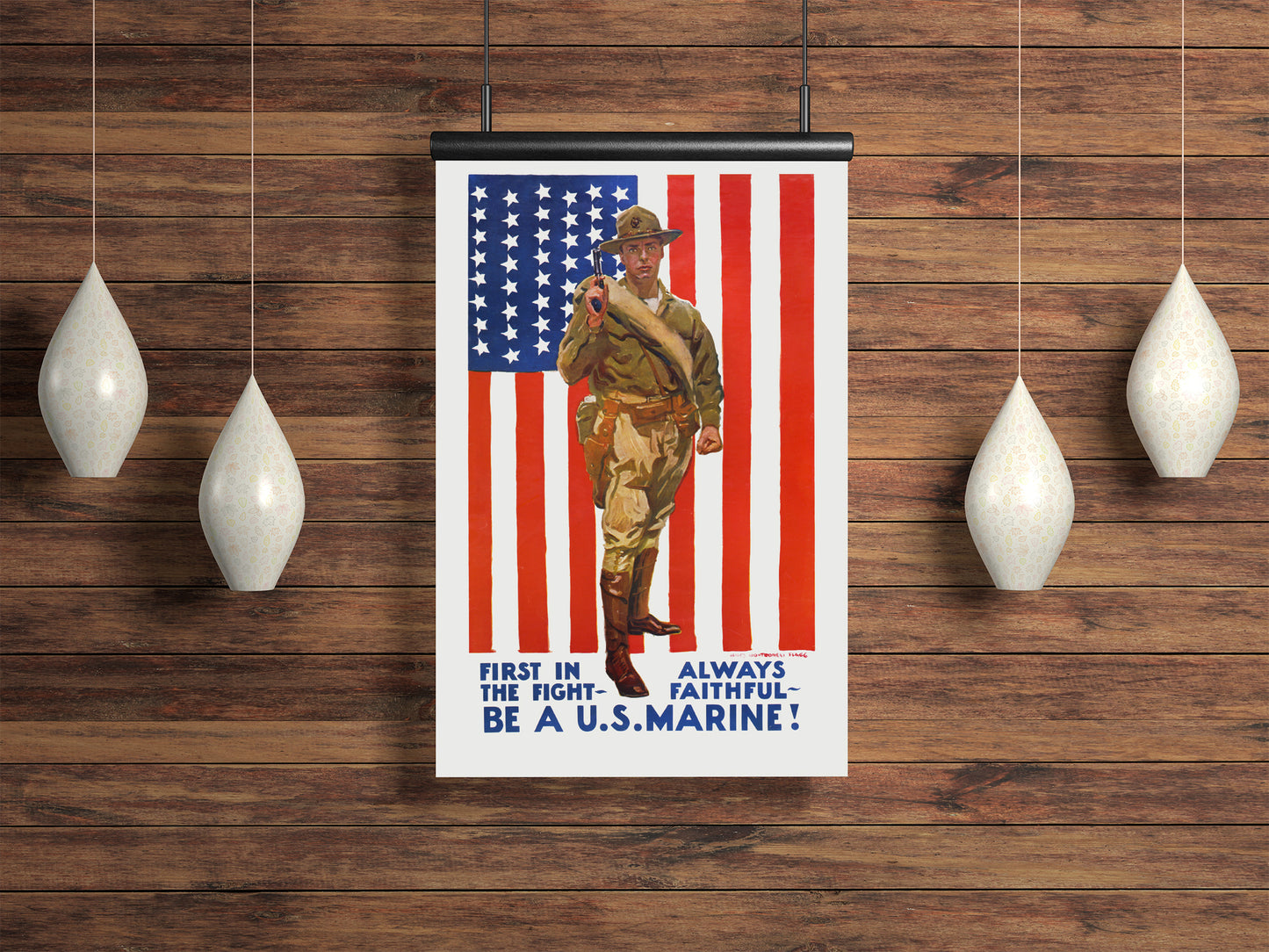 marine corps poster on wood background